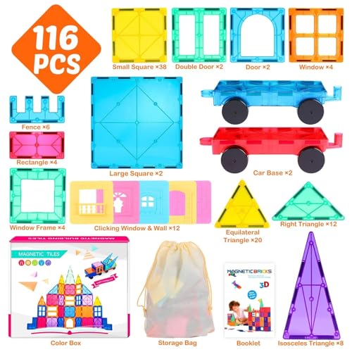 LUDILO Magnetic Tiles Magnetiles 116PCS Building Blocks Kids Toys with 2 Cars, Magne Tiles Magnetic Building Blocks for Toddlers Sensory Toys, STEM Learning Magnet Tiles Toys Gifts