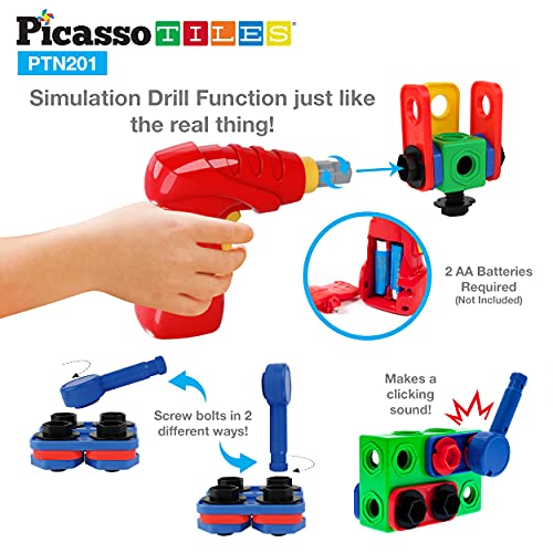 PicassoTiles STEM Learning Toys 201 Piece Building Block Kids Construction Engineering Kit Toy Blocks Children Early Education Playset w/Free IdeaBook, Power Drill, Clickable Ratchet, Age 3+ PTN201