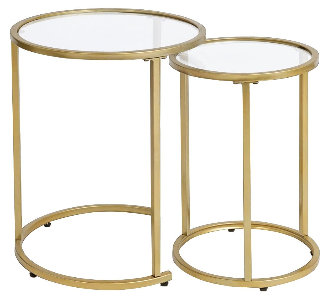 RiteSune Gold Glass Nesting Side End Tables Set of 2, Round Small Stacking Drink Coffee Table for Small Space, Living Room, Bedroom, Christmas, New Year