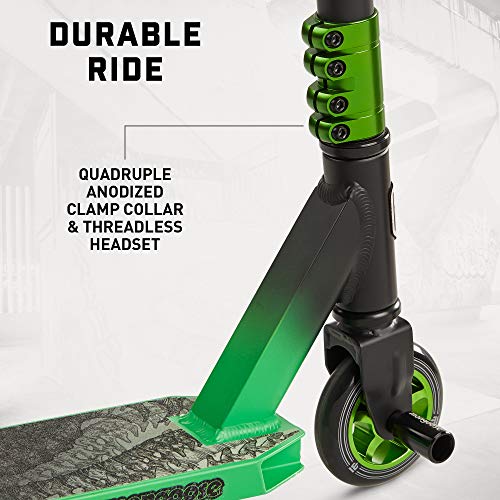Mongoose Rise 100 Pro Freestyle Stunt/Trick Scooter, Lightweight Alloy Deck & Heavy-Duty Frame Up to 220 lbs., T-Bar Handlebar w/ Bike-Style Grip, High Impact 100mm Wheels, Black/Green
