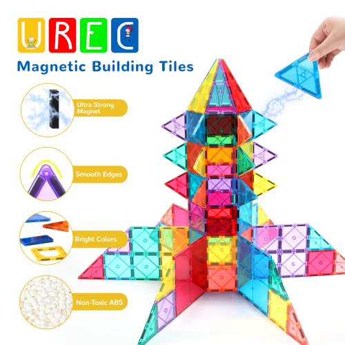 UREC Magnetic Tiles - 104 Pieces Magnetic Blocks for Kids, Magnet Tiles Building Blocks Set with 2 Cars, Construction STEM Toys Gift for Kids Boys 3 4 5 6 7 8 9+ Year Old