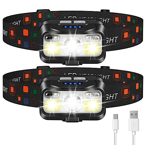 2 Pack Rechargeable LED Headlamp Flashlight, Motion Sensor