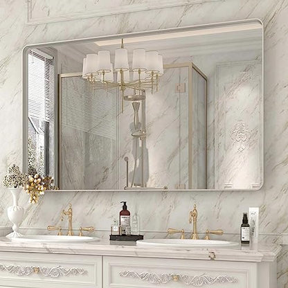 ODDSAN 48x 30 Brushed Nickel Frame Bathroom Mirror for Wall, Modern Brushed Metal Rectangle Vanity Mirror, Rounded Corner, Shatterproof, Anti-Oxidation (Horizontal/Vertical)