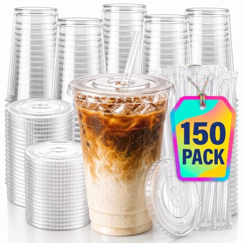 150 Pack 16 oz Disposable Plastic Cups with Lids