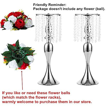LANLONG Set of 2 Crystal Centerpieces for Tables Silver Metal Flower Vase Stand for Wedding Party Reception Home Decor
