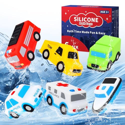 6 Pack Silicone Cars Bath Toys for Toddlers