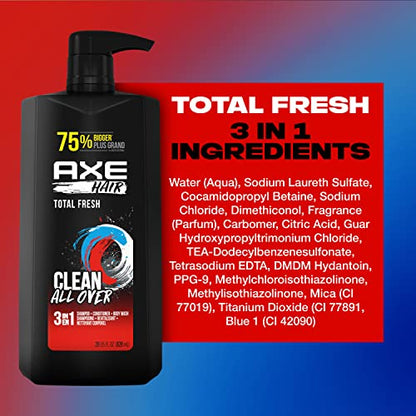 AXE 3-in-1 Body Wash Shampoo and Conditioner Easy Hair and Body Wash For Men Wash and Care Total Fresh Light and Fresh Scent Men's Shampoo 28 oz 4 Pack