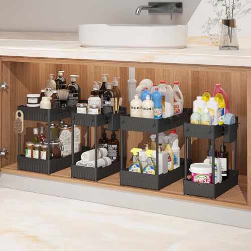 4 Pack Under Sink Bathroom Cabinet Organizers with Hooks