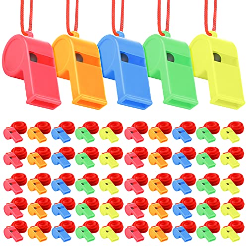 144 Pack Plastic Sports Whistles with Lanyards