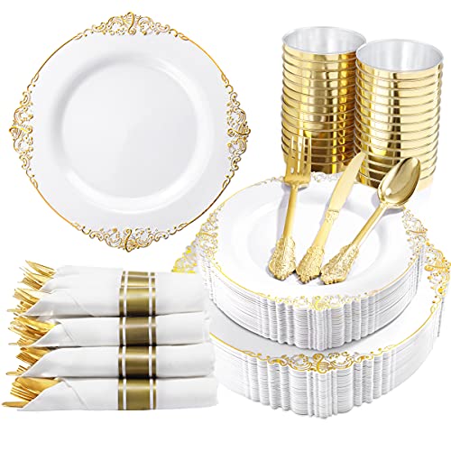 Nervure 350PCS Gold Plastic Plates - Gold Plastic Dinnerware Sets for 50 Guests - 100 Gold Disposable Plates, 150 Gold Plastic Silverware, 50 Cups, 50 Napkins for Wedding & Party