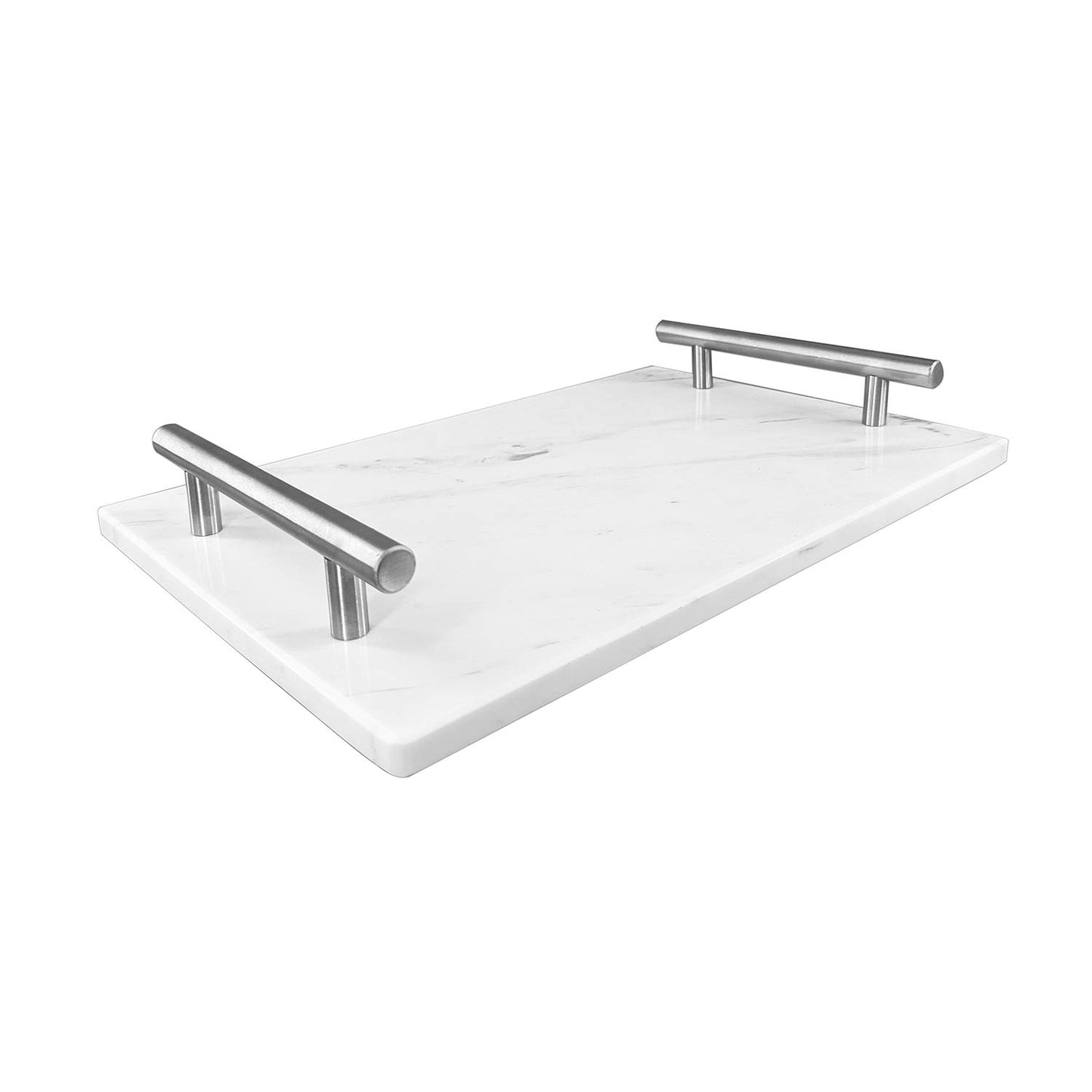 BustleDust Natural Marble Decorative Tray with Silver Handles for Counter, Vanity, Dresser, nightstand, or Desk, Dimension(Ajax White,11.8 x 7.9 x 0.39in)