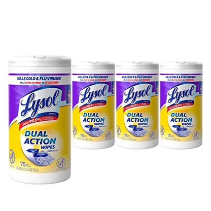 Lysol Dual Action Disinfectant Wipes, Multi-Surface Antibacterial Scrubbing Wipes, For Disinfecting and Cleaning, Citrus Scent, 75ct (Pack of 4), Packaging May Vary