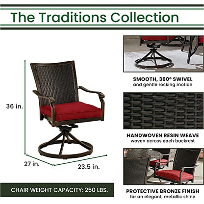 Hanover Traditions 5-Piece Outdoor Dining Set, All-Weather Patio Dining Set for 4 with Cushioned Wicker Back Cast Aluminum Swivel Rocker Chairs and 42" Glass-Top Table for Patio, Backyard, Deck, Porch