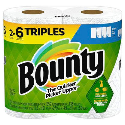 Bounty Select-A-Size Paper Towels, White, 2 Triple Rolls = 6 Regular Rolls (Pack of 1)