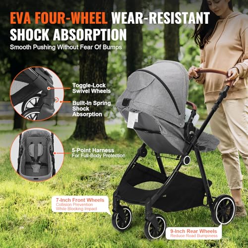 VEVOR Standard Baby Stroller, Infant Toddler Stroller with Bassinet, 3rd-Gear Adjustable Backrest & Foldable & Reversible Seat, Carbon Steel Newborn Stroller with Leg Cover and Mesh Net, Black