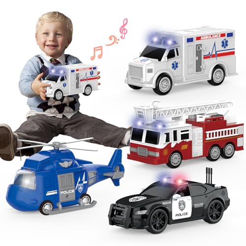 4 Pack Emergency Vehicle Toys with Lights and Sounds