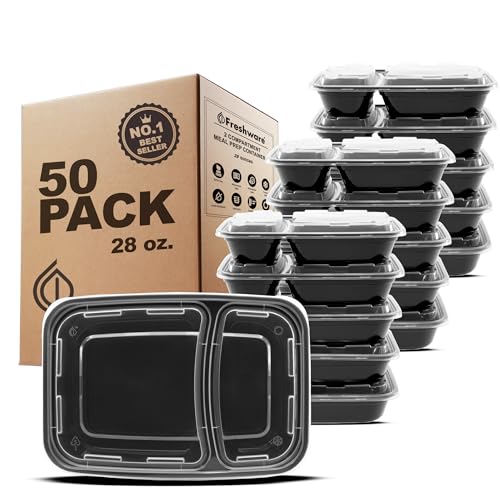 50 Pack Meal Prep Containers 2 Compartment with Lids