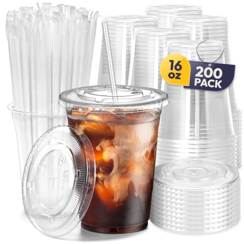 200 Pack 16 oz Disposable Plastic Cups with Lids
