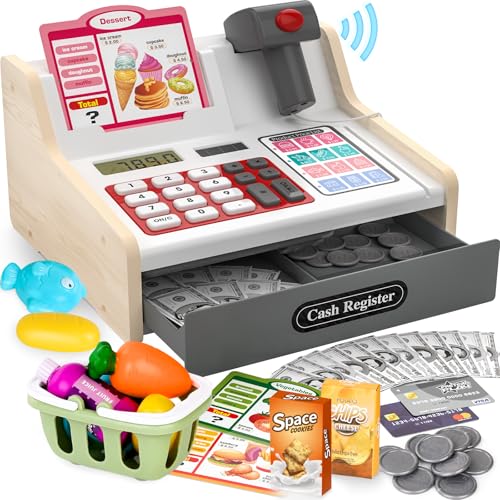 Rechargeable Wooden Kids Cash Register Toy with Scanner