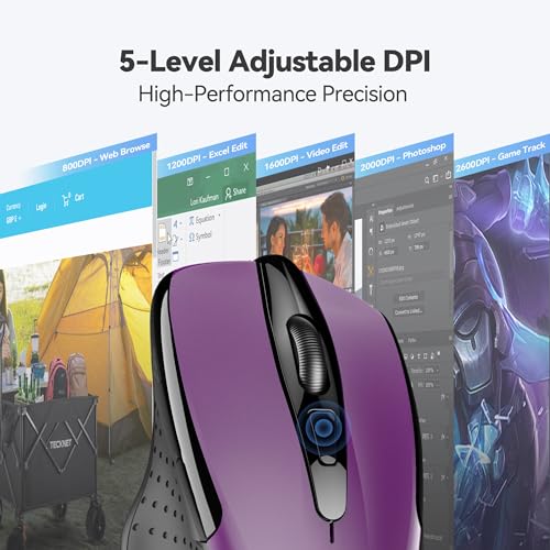 TECKNET Wireless Mouse, 2.4G Ergonomic Optical Mouse, Computer Mouse for USB-A Laptop, PC, Computer, Chromebook, Notebook, 6 Buttons, 24 Months Battery Life - Purple