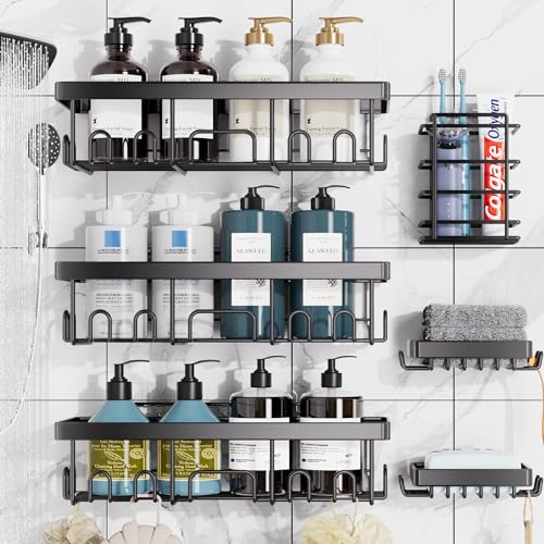 Veken Shower Caddy 6 Pack,Adhesive Bathroom Shower Organizer for Bathroom Storage&Home Decor&Kitchen,No Drilling,Large Capacity, Rustproof Stainless Steel Shower Shelves Rack for Inside Shower, Black