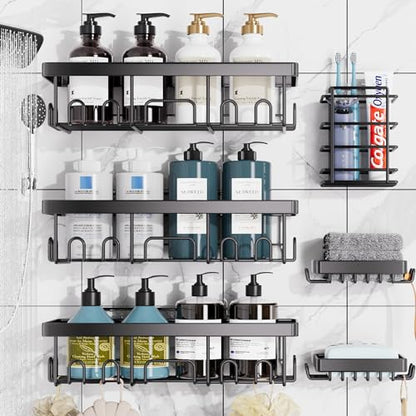 Veken Shower Caddy 6 Pack,Adhesive Bathroom Shower Organizer for Bathroom Storage&Home Decor&Kitchen,No Drilling,Large Capacity, Rustproof Stainless Steel Shower Shelves Rack for Inside Shower, Black