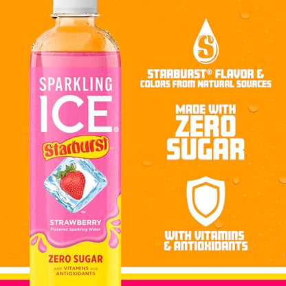 Sparkling Ice STARBURST Strawberry, Zero Sugar Flavored Sparkling Water, with Vitamins and Antioxidants, Low Calorie Beverage, 17 fl oz Bottles (Pack of 12)