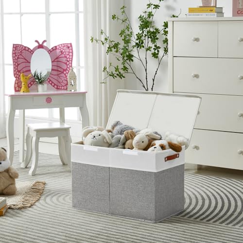 Bagnizer Large Toy Storage Box with Lids, Collapsible Sturdy Baby Storage Organizer Chest Bin Basket for Kids, Boys, Girls, Playroom, Nursery, Bedroom, Closet 25"x13"x16" (Gray and White)