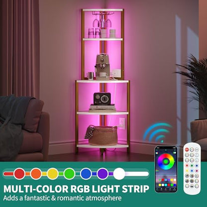 YITAHOME Corner Shelf with Power Outlets & LED Lights & Glass Holder, 5 Tier Corner Bar Rack, Corner Storage Cabinet Display Shelves for Living Room, Dining Room, Kitchen, Gold