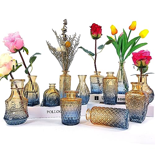 30 PCS Cute Glass Bud Vases for Flowers, Amazing Mixing Bule &Yellow Small Glass Bud Vases in Bulk Vintage Bud Vases Perfect for Centerpieces Rustic Wedding Office Home Party Decor