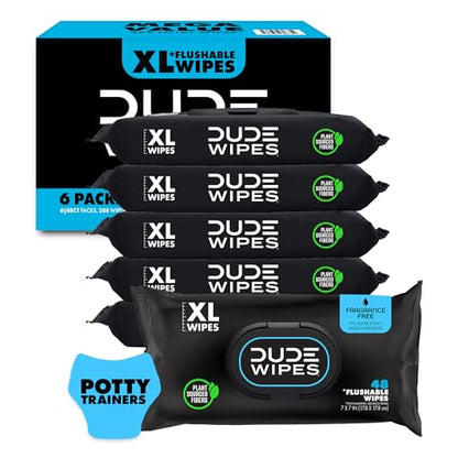 DUDE Baby Wipes - Flushable Baby Wipes Unscented - (6 Pack) 288 Wipes - Extra Large Wet Wipes Flushable - Vitamin-E & Aloe - Septic and Sewer Safe