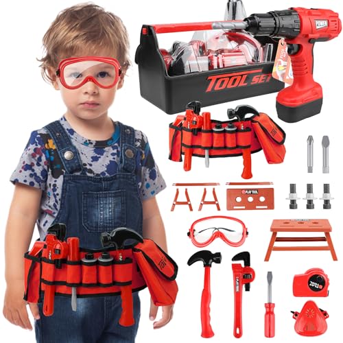 STEAM Life Kids Tool Set with Kids Tool Belt & Electronic Toy Drill, Toddler Tool Set for Boys, Kids Tape Measure, Toy Tools for Kids, Kids Tool Box, Toy Hammer, Play Tool Set for Toddlers 3-5