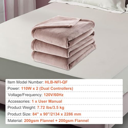 VEVOR Heated Blanket Electric Throw, 84" x 90" Queen Size, Soft Flannel Heating Blanket with 10 Hours Timer Auto-off & 5 Heating Levels, Dual Control, Machine Washable, ETL & FCC Certification (Beige)