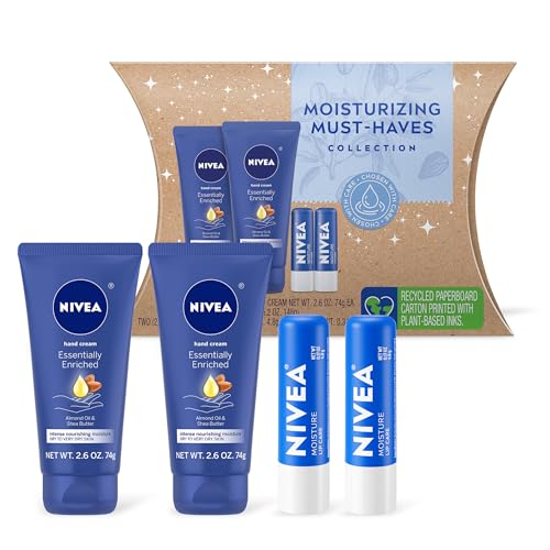 NIVEA Moisturizing Must-Haves Skin Care Set, Essentially Enriched Hand Cream with Almond Oil and Shea Butter, 2.6 Oz Tube (Pack of 2) + Moisture Lip Care Lip Balm, 0.17 Oz Stick (Pack of 2)