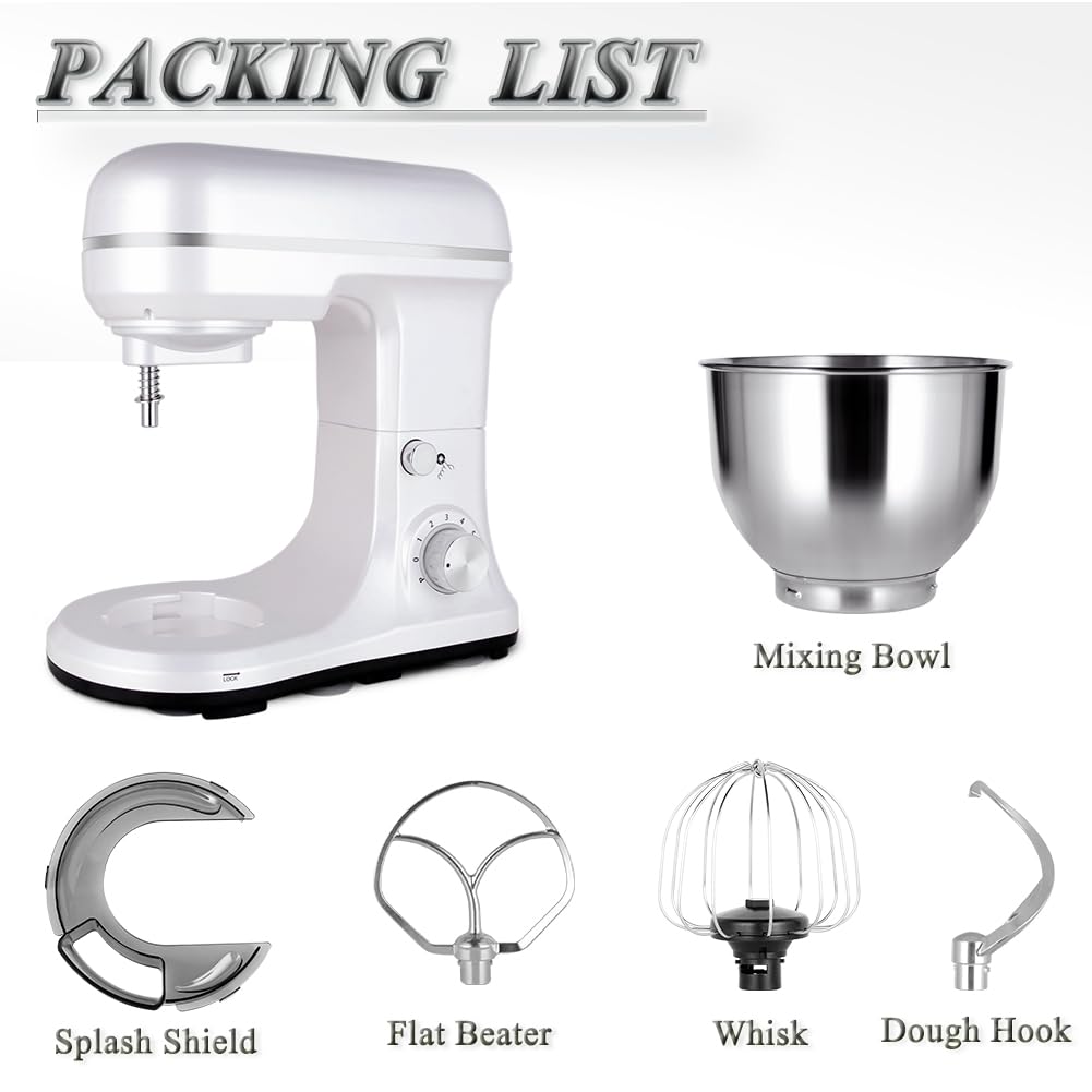 MURENKING Stand Mixer 5-QT, 6+P Speed Tilt-Head Food Mixer 300W Dough Mixer with Stainless Steel Bowl,Dough Hook,Flat Beater&Whisk Electric Kitchen Mixer for Household Baking, Anti-Slip(Pearl White)