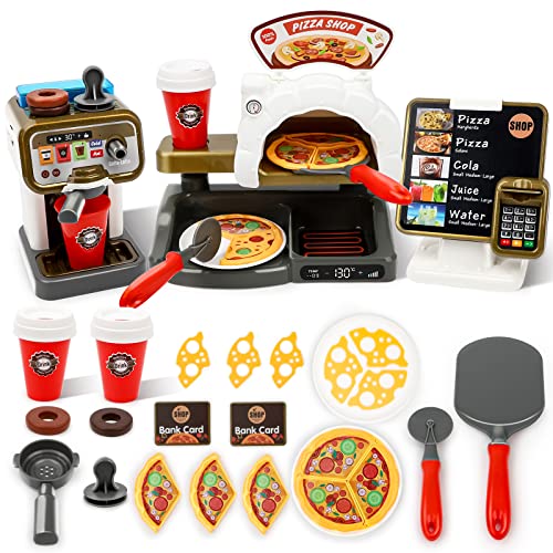 deAO Pretend Play Store Coffee Playset Kids Coffee Maker Play Set Pizzas Shop with Cash Register 30pcs STEM Toy for Kids Pre-School Pretend Toy for Toddlers Boys & Girls Age 3+