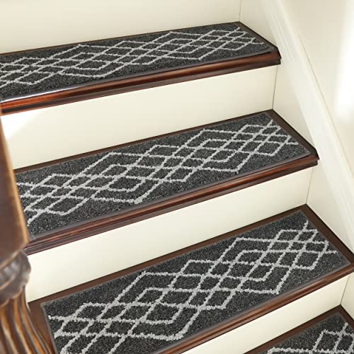 COSY HOMEER Soft Stair Treads Non-Slip Carpet Mat 28inX9in Indoor Stair Runners for Wooden Steps,Stair Rugs for Kids and Dogs, 100% Polyester TPE Backing 10pcs,Black,Rhombus