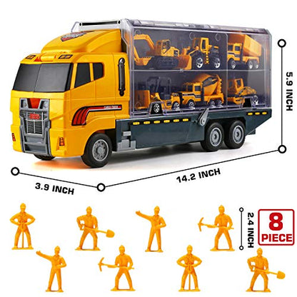 19 in 1 Construction Truck with Engineering Worker Toy Set, Mini Die-Cast Engine Car in Carrier Truck, Double Side Transport Vehicle Play for Child Kid Boy Girl Birthday Christmas Party Favors