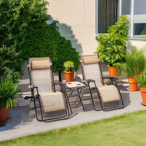 Amazon Basics Outdoor Mesh Adjustable Zero Gravity Lounge Chair Recliners with Side Table, 35 x 26 x 43 inches, Beige