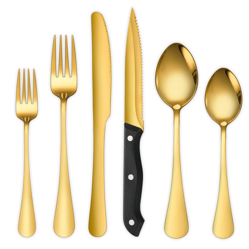 A · HOUSEWARE Gold Flatware Set For 4 With Steak Knives 24 Piece Stainless Steel Silverware Forks and Spoons Kitchen Daily Use Festival Parties Casual or Formal Occasions…
