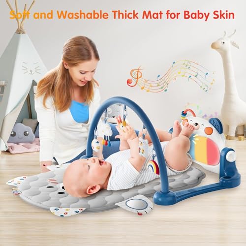 Lauon Baby Play Gym Mat, Bear Shaped 500,000 Tolerance Kick and Double Side Piano Thicken Activity Mat w 5 Detachable Toys, Tummy Time Mat Promote Motor Skills & Sensory Development Mat for Newborn