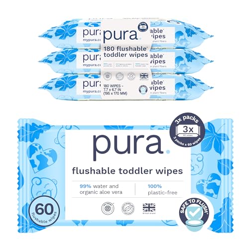 180 Count Pura Flushable Plastic-Free Toddler Wipes