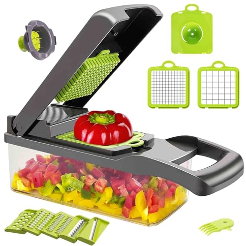 Krubeco Vegetable Chopper, Onion Chopper, 10 in 1 Multifunctional Chopper With 8 Blades Veggie Chopper and Slicer, Dicing Machine, Carrot Chopper for Salad Potato Carrot Garlic（Gray-Green）