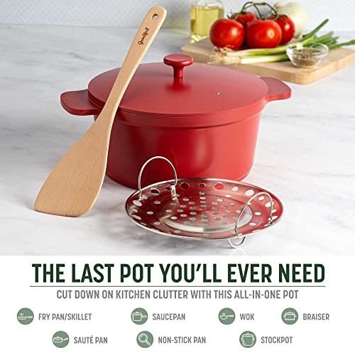 Goodful All-In-One Pot, Multilayer Nonstick, High Performance Cast Dutch Oven With Matching Lid, Roasting Rack And Turner, Made Without PFOA, Dishwasher Safe Cookware, 4.7-Quart, Crimson Red