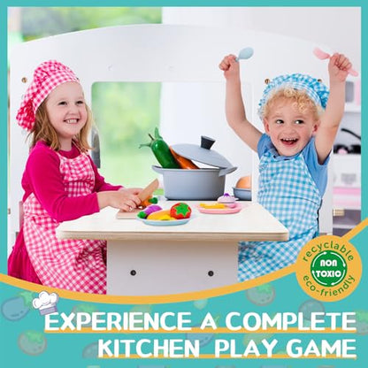 deli Kids Kitchen Playset, Wooden Play Kitchen Set for Toddlers, Toy Kitchen with Realistic Lights&Sounds, Stove, Oven, Ice Maker, Faucet, Sink