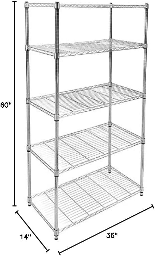 iPower Simple Deluxe Heavy Duty 5-Tier Shelving Unit, 13.98''D x 35.83''W x 61.02''H Storage Shelving with 1250 lbs Capacity, Chrome, 2 Pack