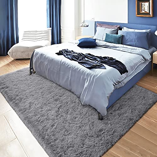 DETUM Grey Rug 6x9 Feet - Fluffy Gray Area Rugs for Bedroom Shaggy 6' X 9' Living Room Rug Soft Rugs for Kids Room Non-Slip Nursery Office Dorm Washable Carpets Home Decor