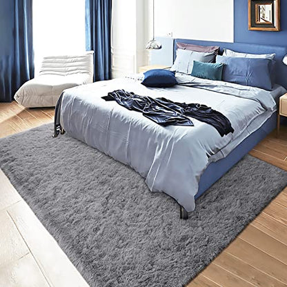 DETUM Grey Rug 6x9 Feet - Fluffy Gray Area Rugs for Bedroom Shaggy 6' X 9' Living Room Rug Soft Rugs for Kids Room Non-Slip Nursery Office Dorm Washable Carpets Home Decor