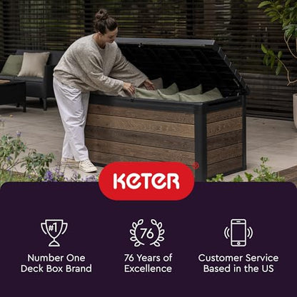 Keter City 30 Gallon Resin Deck Box for Patio Furniture, Pool Accessories, and Storage for Outdoor Toys, Brown