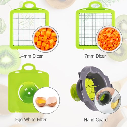 Krubeco Vegetable Chopper, Onion Chopper, 10 in 1 Multifunctional Chopper With 8 Blades Veggie Chopper and Slicer, Dicing Machine, Carrot Chopper for Salad Potato Carrot Garlic（Gray-Green）